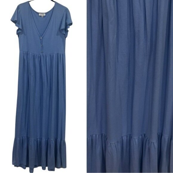 See You Monday Blue Ribbed Maxi Dress Babydoll Summer Coastal Resort Travel XL - Picture 2 of 11